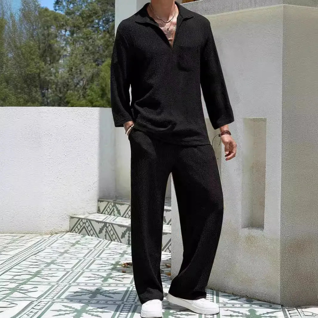 Men's casual polyester shirt and trousers set in lake blue colour