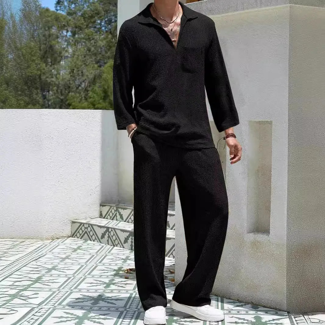 Men's casual polyester shirt and trousers set in lake blue colour