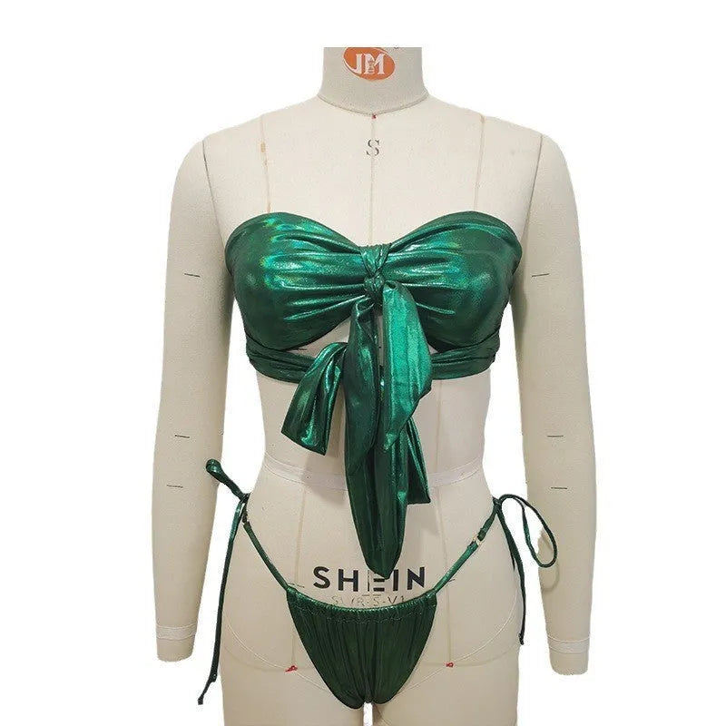Women's wireless swimsuit with lace-up front and built-in chest pads in a floral print.