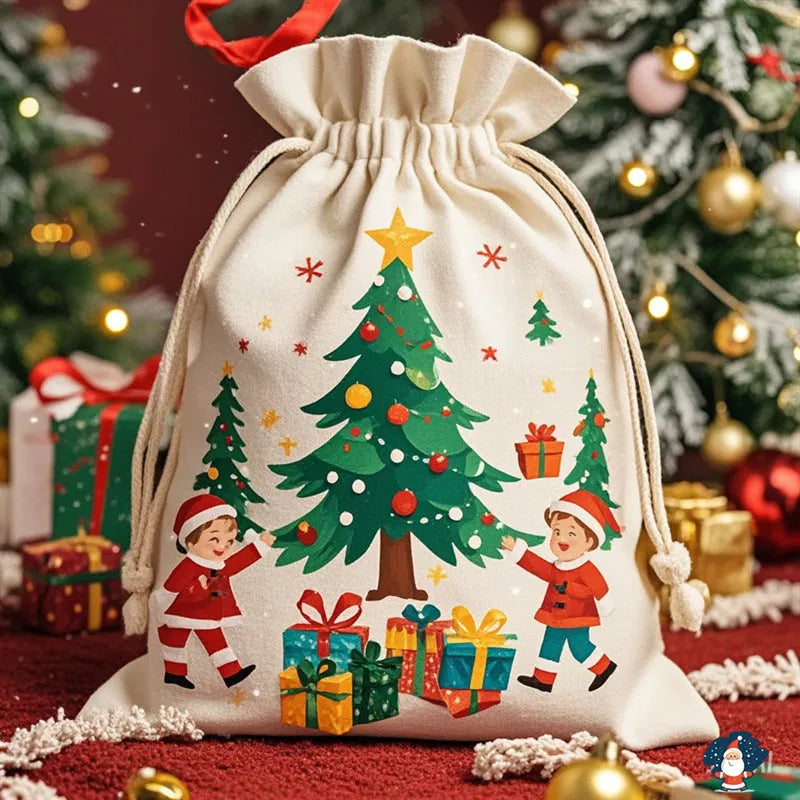 Extra-large Christmas gift bag in red canvas with Santa Claus string closure, 48cm by 65cm