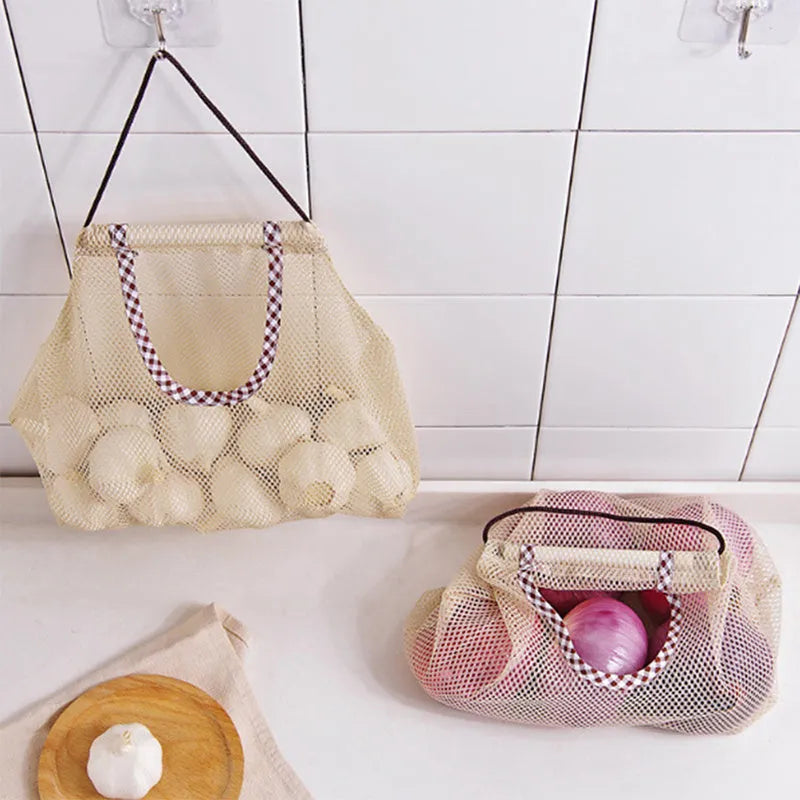Beige plaid polyester mesh storage bag with cotton rope handles measuring 26x29cm