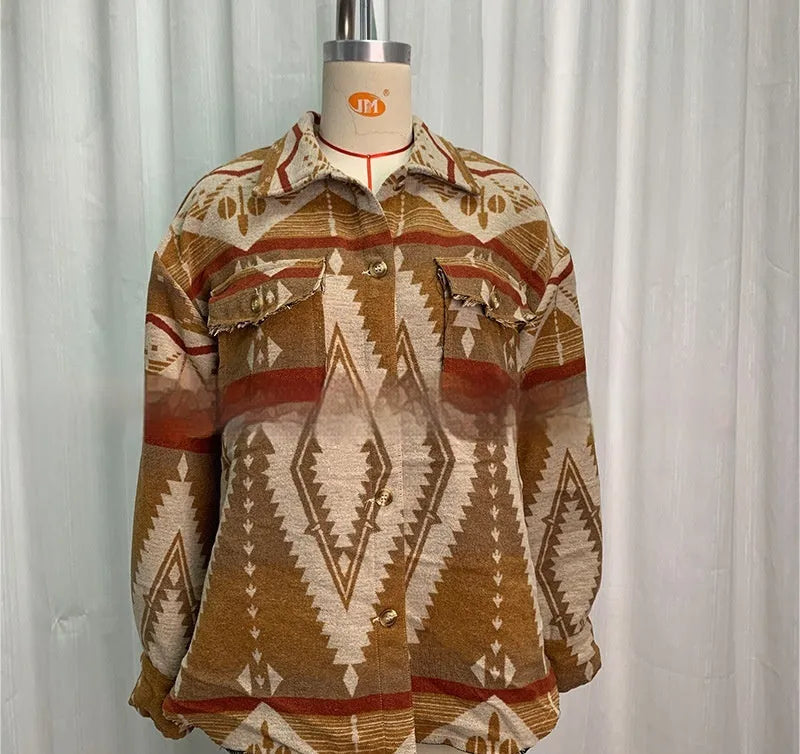 Women's loose fit retro jacket with Aztec print in army green, khaki, or sapphire blue.