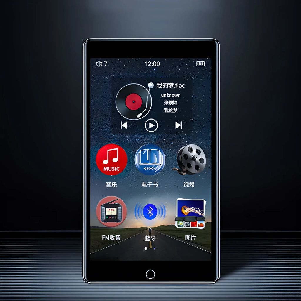 Black Ruizu H1 portable MP3 MP4 player with 4-inch touch screen showing music library interface