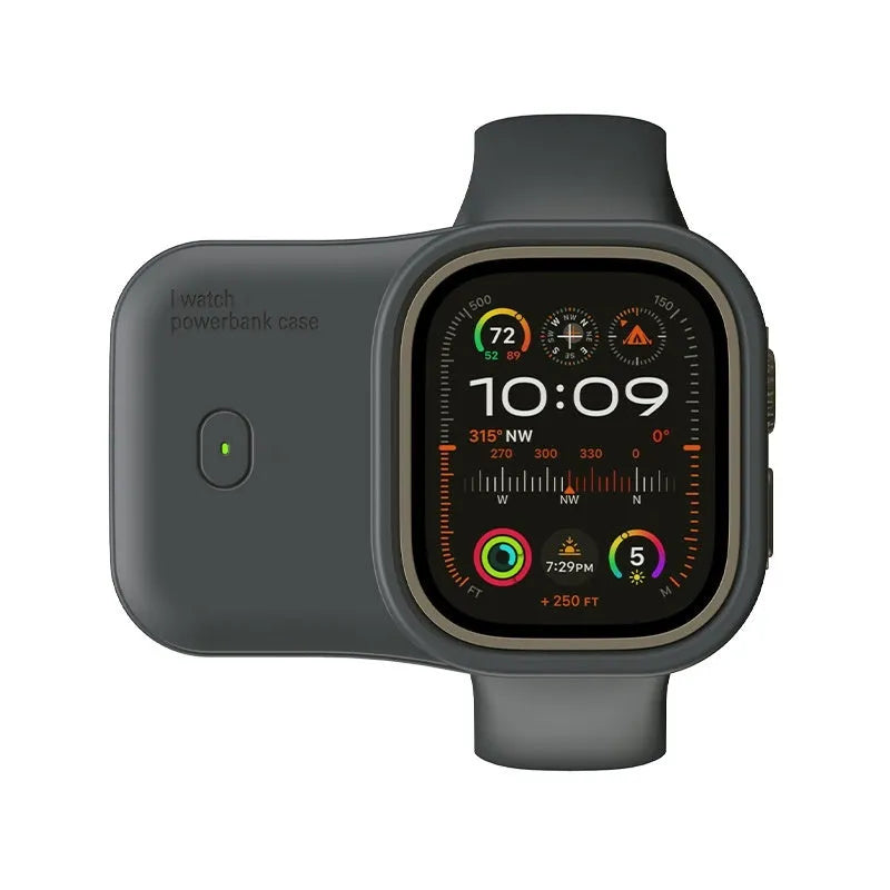 Apple Watch portable charging case with silicone sleeve, shown alongside compatible watch.