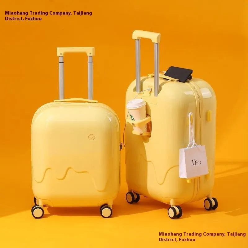 Ice cream pattern lightweight suitcase in lemon yellow with universal wheels and charging interface