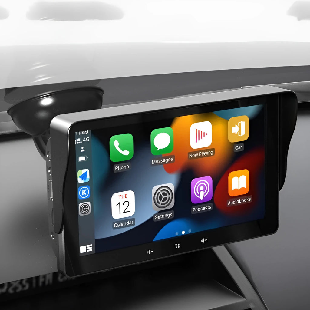 7-inch wireless CarPlay display mounted on a car windscreen with a suction cup, connected to a cigarette lighter plug.