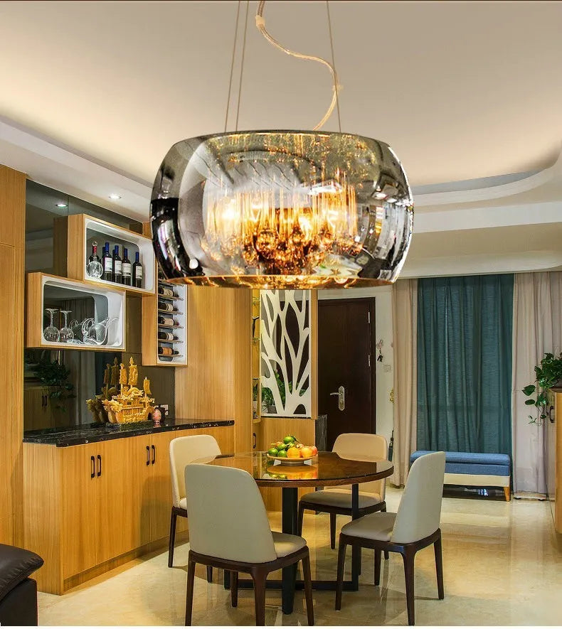Modern minimalist LED ceiling chandelier with smoky gray glass cover for living room dining room