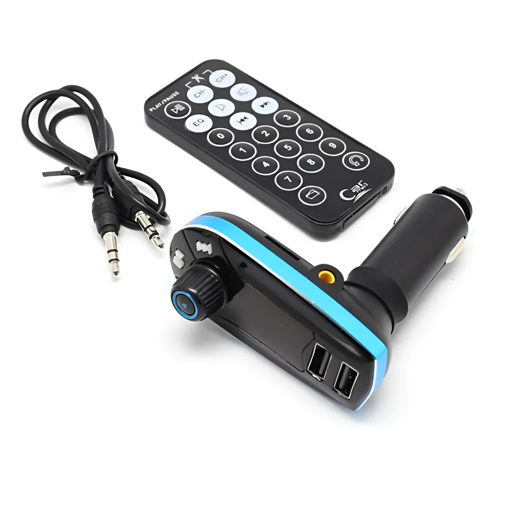 BT618C vehicle Bluetooth MP3 player with FM transmitter showing LCD screen and connection ports