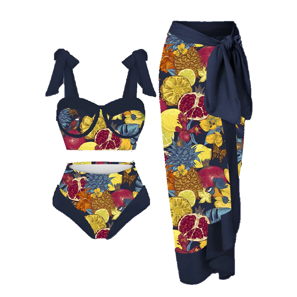 Women's printing split swimsuit three-piece set in polyester fabric showing skirt, bra, and panties components
