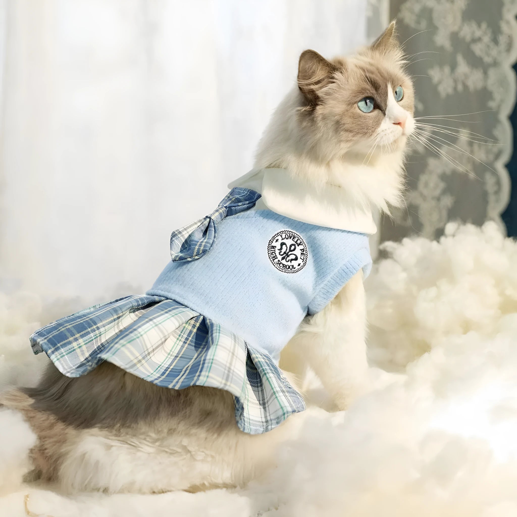 Tartan pattern pet skirt for dogs and cats in polyester fabric with princess style design
