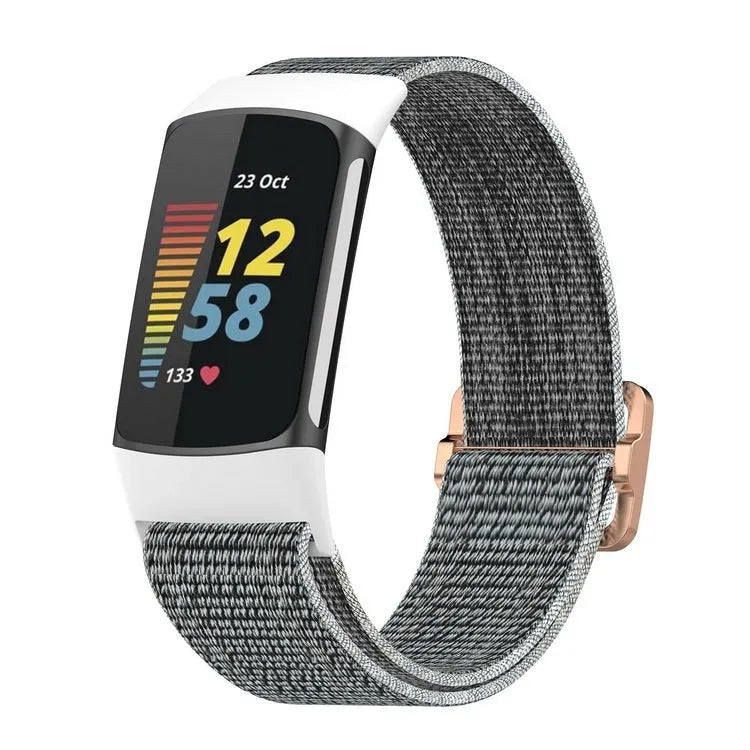 Elastic nylon woven canvas watch band for Fitbit Charge 5 or 6 in Seashell colour on a white background