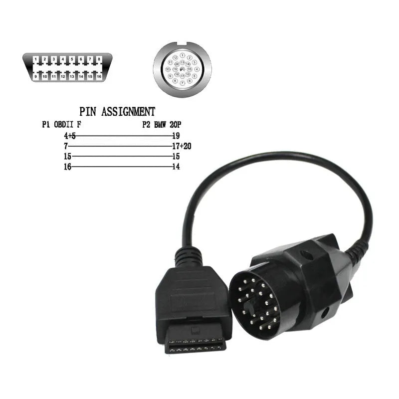 BMW diagnostic adapter cable showing 20-pin plug and standard 16-pin OBD2 socket.