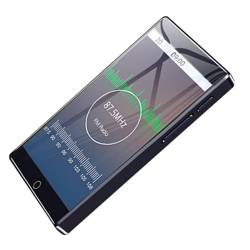 Black Ruizu H1 portable MP3 MP4 player with 4-inch touch screen showing music library interface