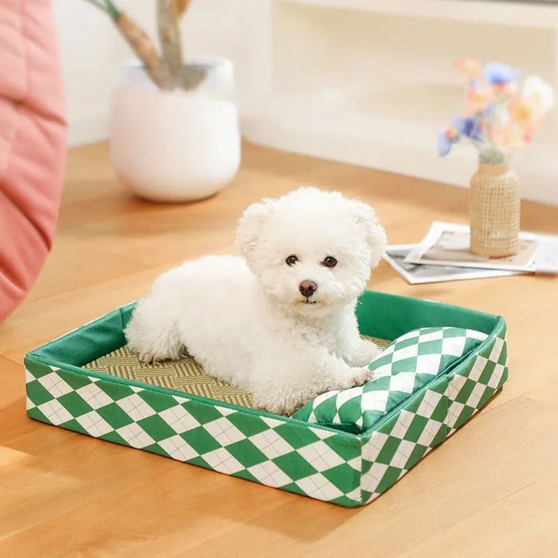 Blue rattan cat litter mat serving as dual-purpose pet bed and litter containment area