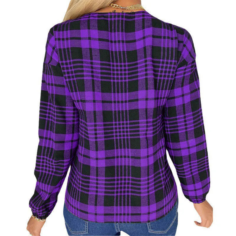 Women's loose fit plaid shirt in purple, gray or red with regular sleeves and polyester fabric