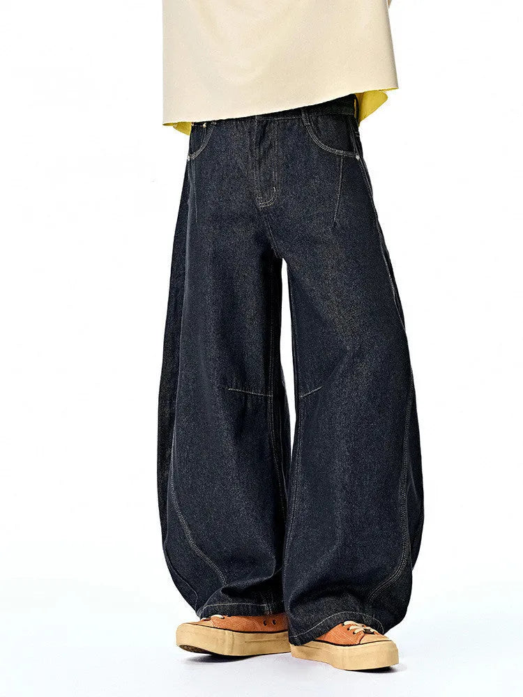 Men's wide leg denim trousers in original cow colour cotton fabric with mid-waist fit