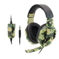 Army Green camouflage wired gaming headset with over-ear cups and a black PVC cable.