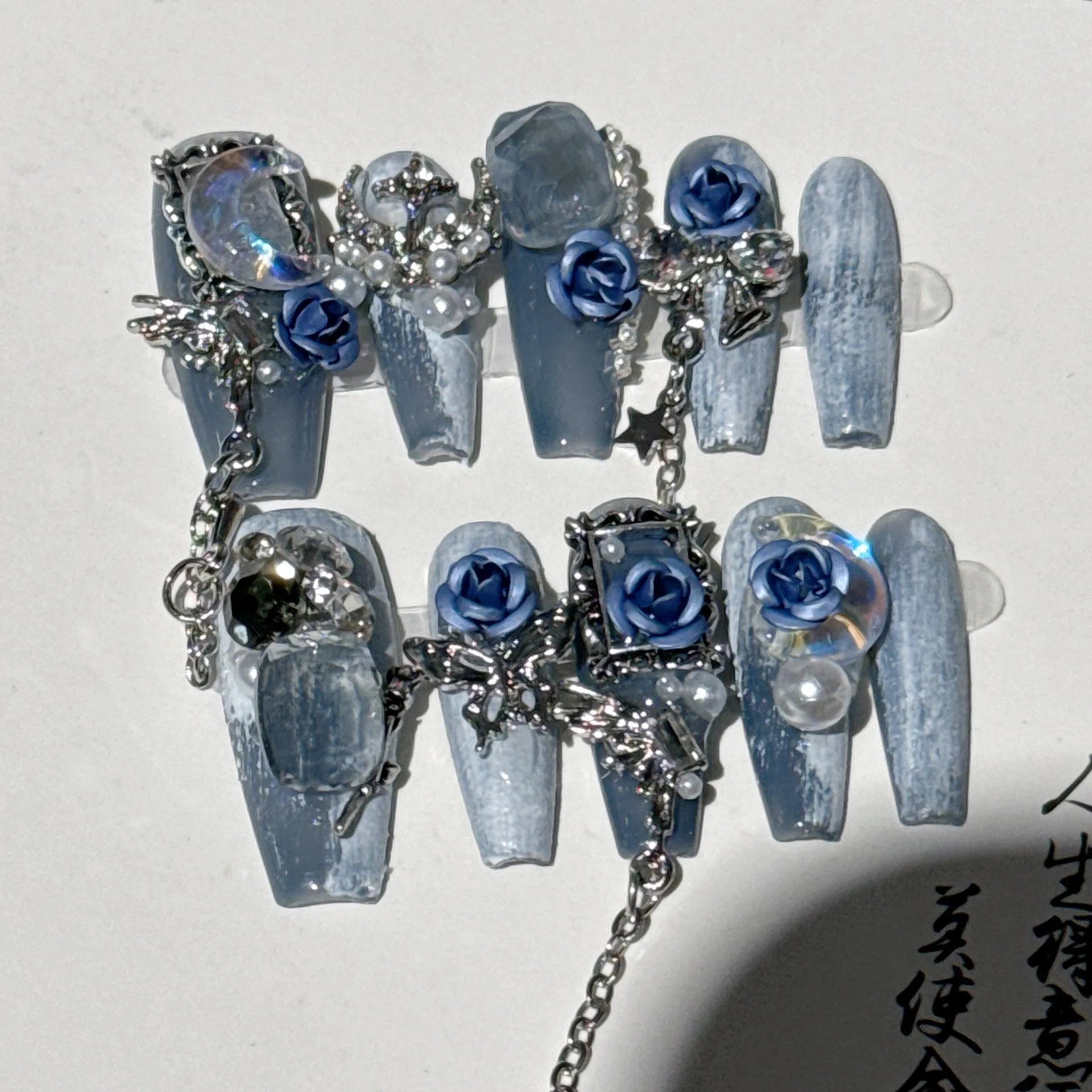 Heavy industry night blue evening nails with rose and tulip floral pattern in four sizes