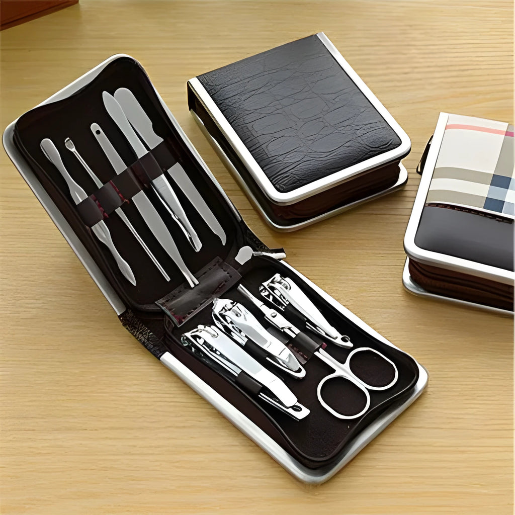 Stainless steel 9-piece nail clipper and manicure tool set in a compact case with random colour finish