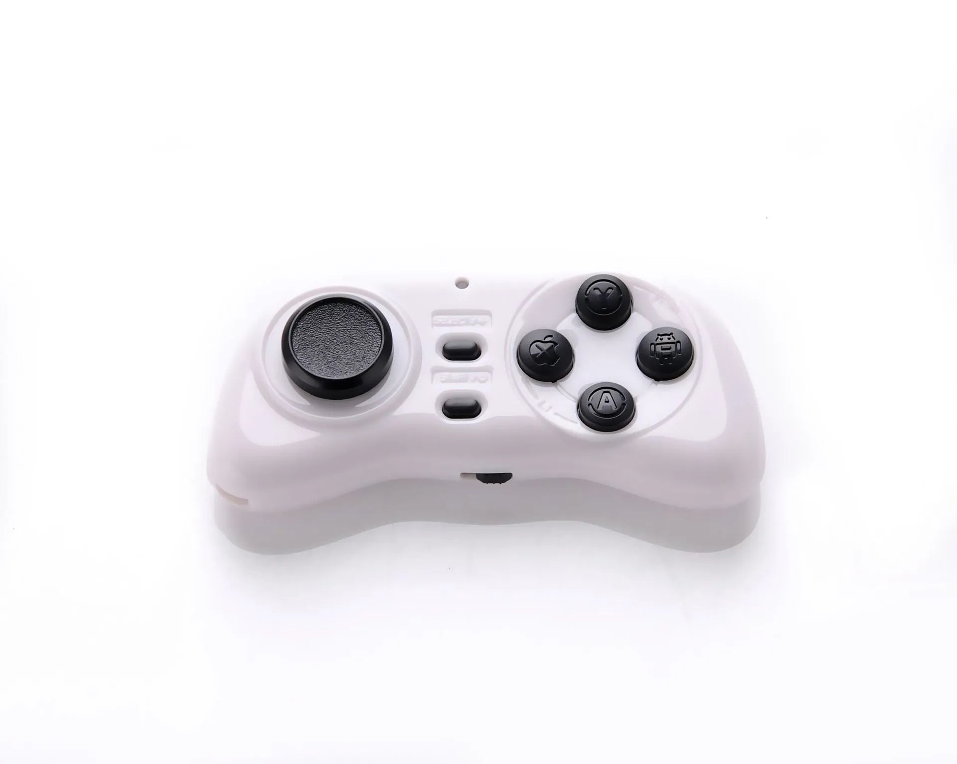 Black mobile game controller Smart Handle 608 on white background, Bluetooth mini gamepad with plastic body