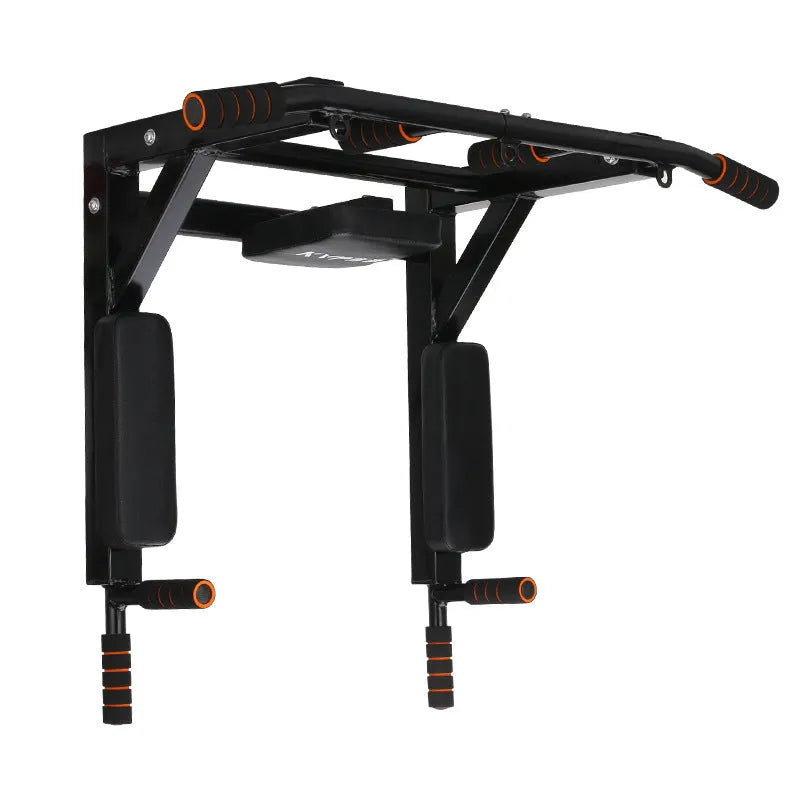 Matte black wall-mounted sandbag rack with integrated single parallel bars pull-up fitness equipment