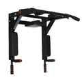 Matte black wall-mounted sandbag rack with integrated single parallel bars pull-up fitness equipment