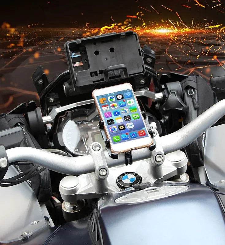 Aluminium motorcycle phone holder with rotating head on handlebars