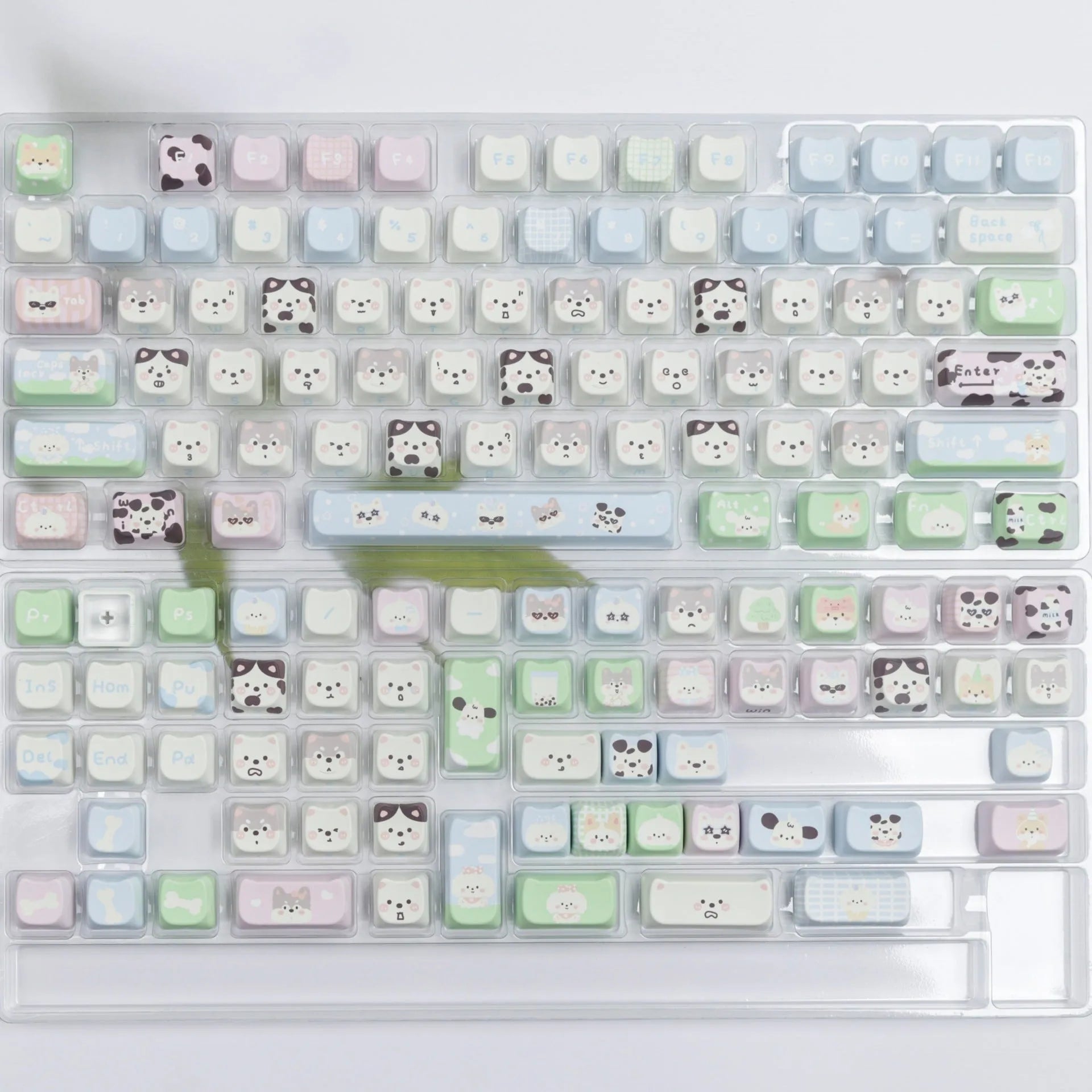 PBT sublimation full set key caps showing cat and puppy animal designs for mechanical keyboards