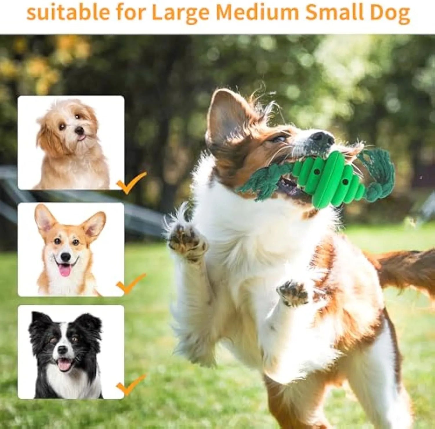Green and yellow dog ball with integrated rope, hollow treat-dispensing design