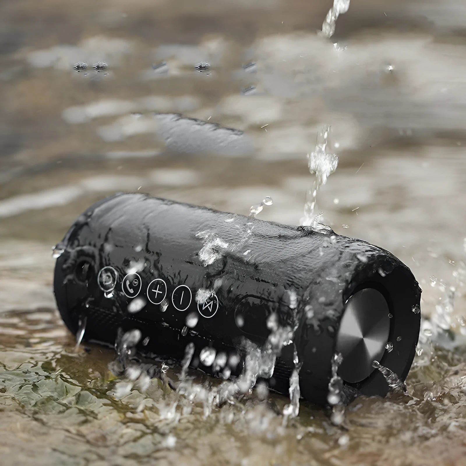 Outdoor waterproof portable Bluetooth speaker in black, camouflage, grey, or red colours.