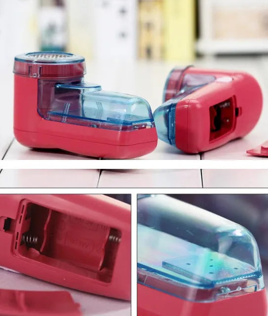 Portable electric lint remover shaver for clothing on a blue background.