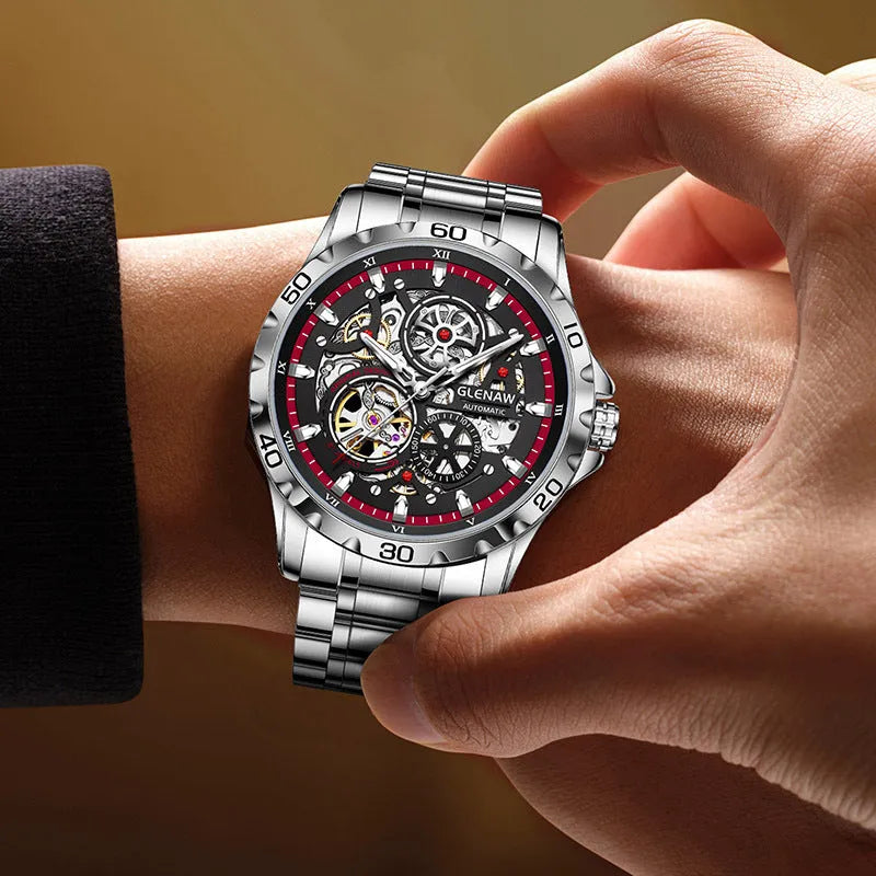 Men's silver automatic mechanical watch with hollow-out luminous dial and transparent case back