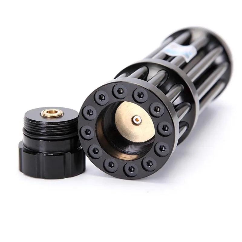 Black anodised aluminium extended flashlight with blue laser pointer, showing tail switch and 18650 battery.
