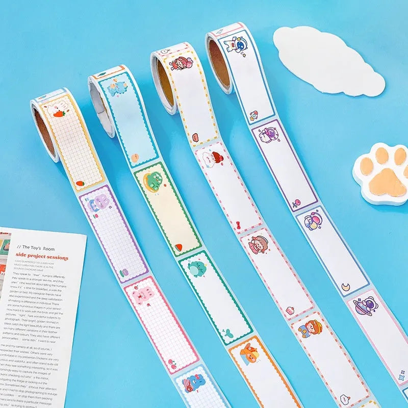 Cartoon name tape stickers in dinosaur, astronaut, rabbit, and girl designs