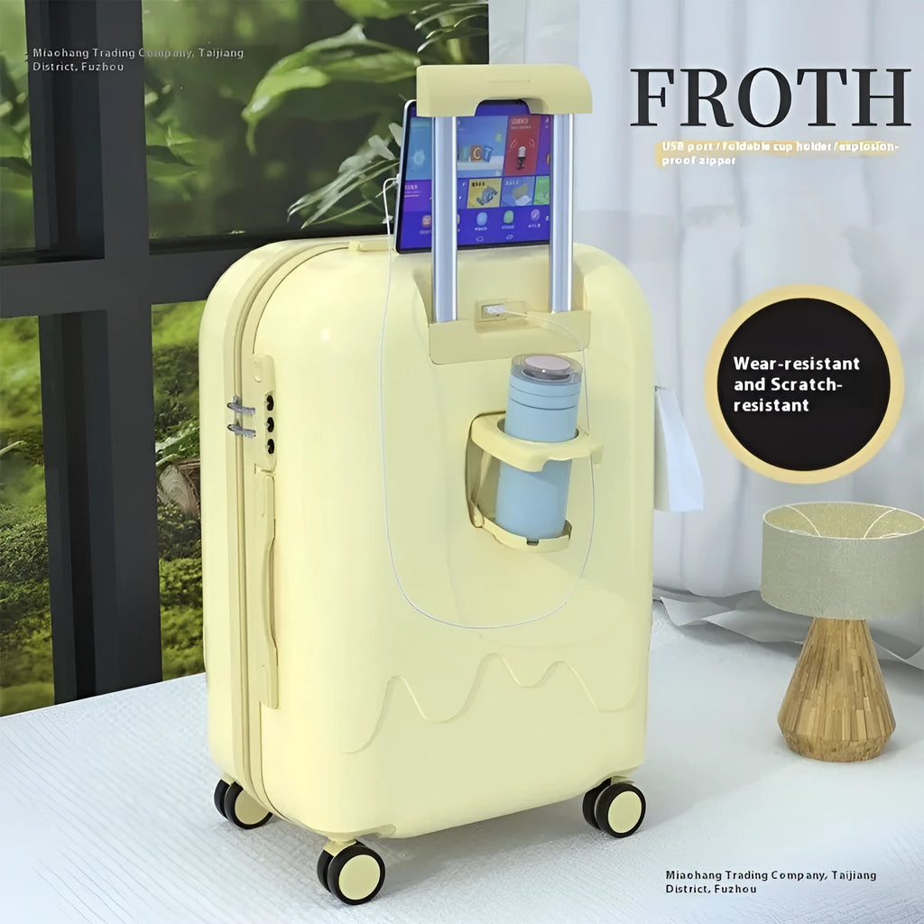 Ice cream pattern lightweight suitcase in lemon yellow with universal wheels and charging interface