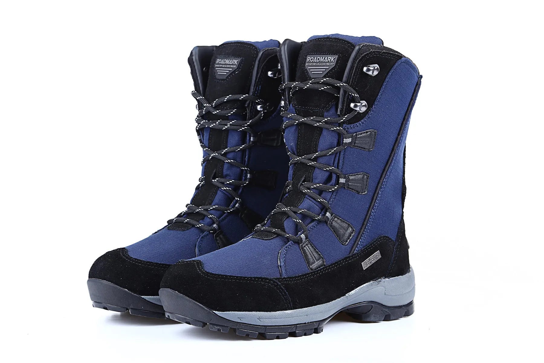 Women's black genuine leather mid-calf snow boots with round toe and thick rubber sole on a white background.