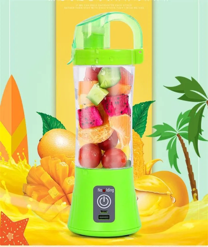 Blue handheld electric juicer with 400ml transparent cup and USB charging cable