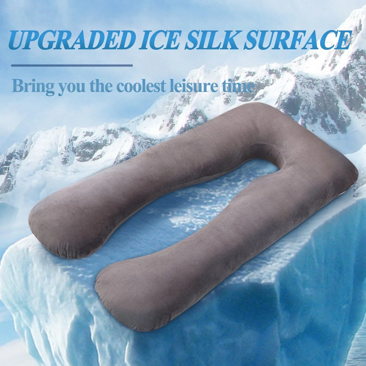 Ice silk U-shaped maternity pillow for pregnant women in grey, showing its 130cm length.