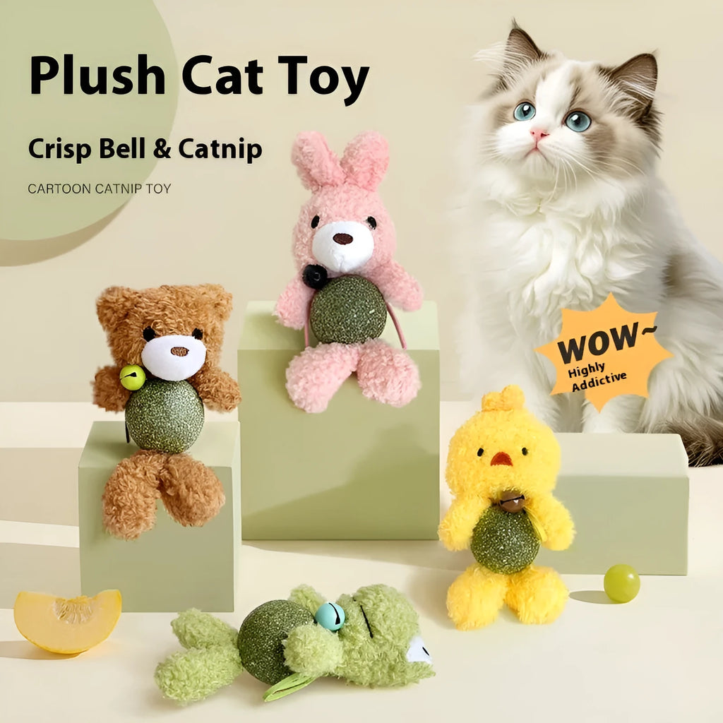 Brown bear plush cat toy with a bell and a mint ball for chewing, measuring 15cm tall.