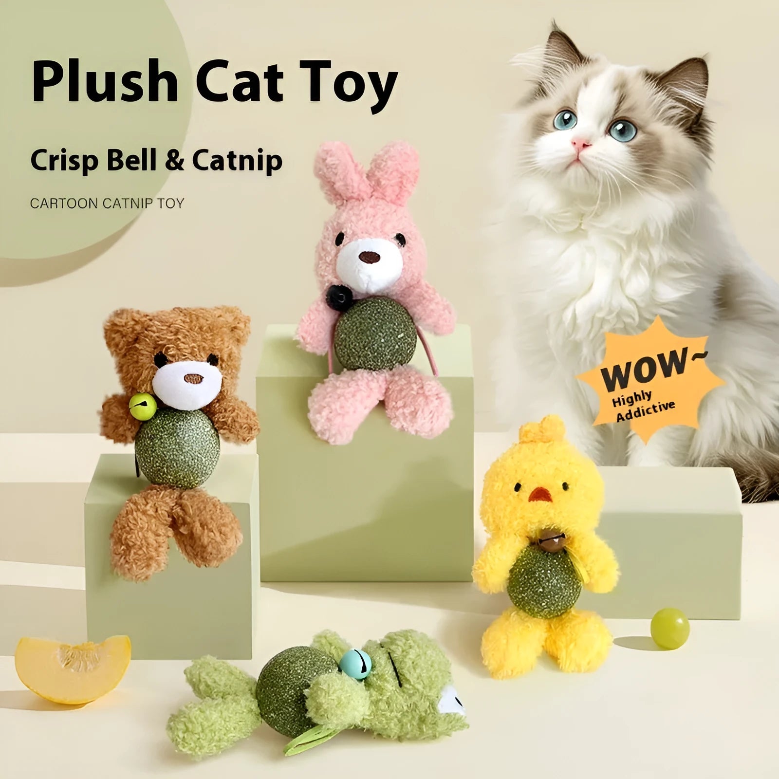 Brown bear plush cat toy with a bell and a mint ball for chewing, measuring 15cm tall.