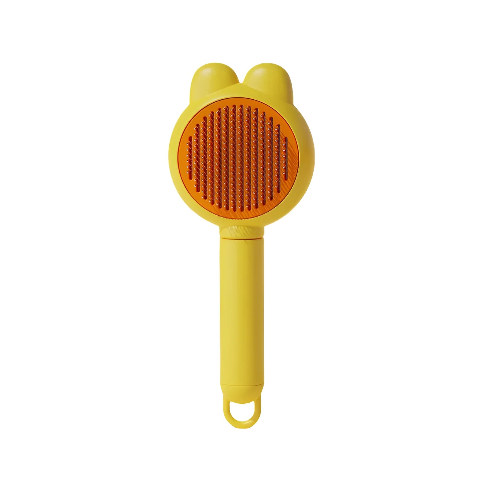 Self-cleaning pet grooming brush with stainless steel comb and comfort-grip handle in multiple colours