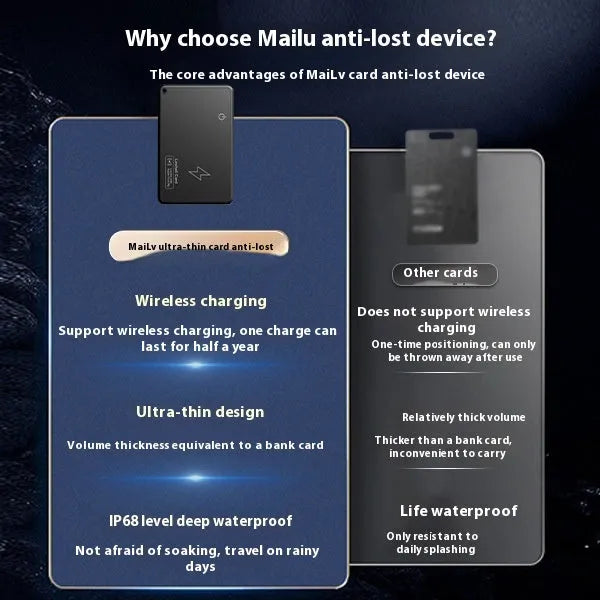MFI Findmy AirTag anti-lost card tracker in black, shown next to a set of keys highlighting its slim 84mm x 52mm size.