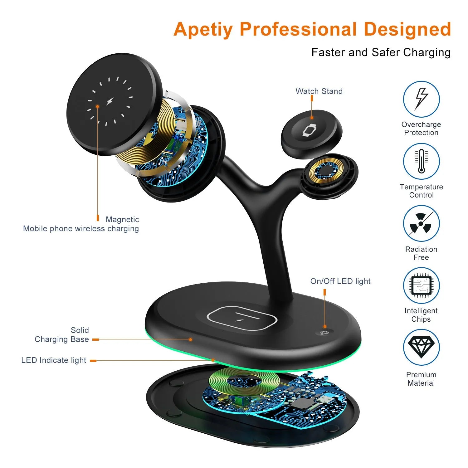 Black three-in-one magnetic wireless charging station for mobile phone, smartwatch, and wireless earbuds.