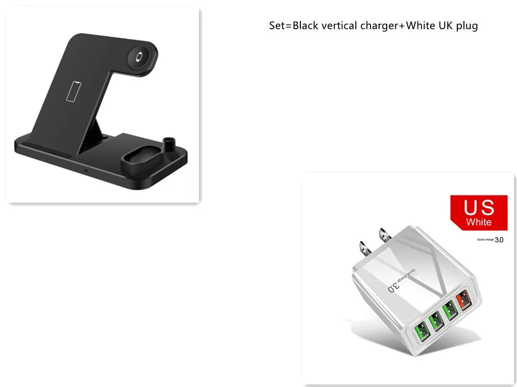 White 4-in-1 wireless charging station with phone on adjustable stand, Apple Watch, AirPods and Apple Pencil charging.