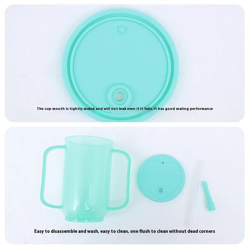 Oblique mouth choke proof drinking cup with optional wrist splint for elderly and pregnant women bed use