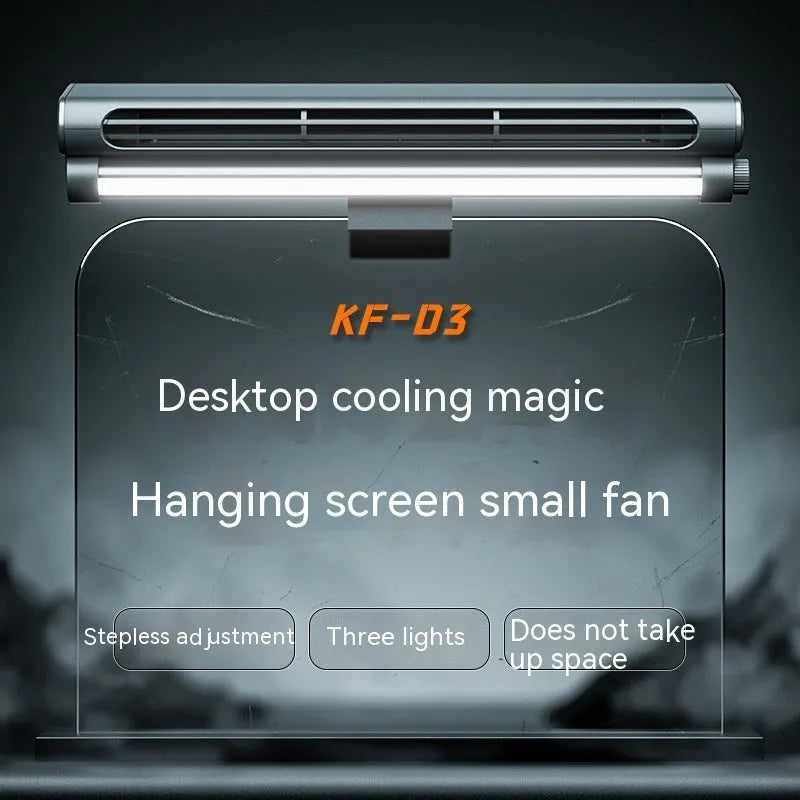 Black bladeless USB fan with clip attached to a laptop screen, showing integrated LED light.