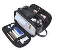 Men's black and brown Pu toiletry bag with zippered closure for travel storage