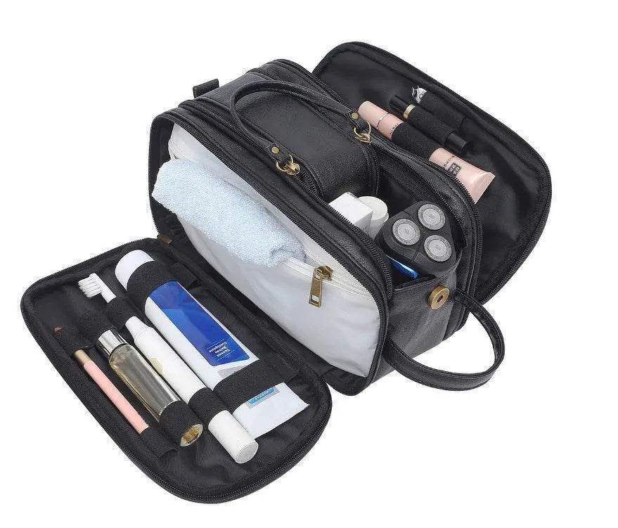 Men's black and brown Pu toiletry bag with zippered closure for travel storage