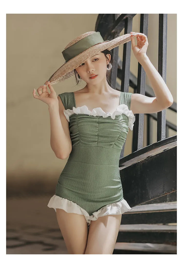 Korean style high-waist one-piece swimsuit in black, green, or pink with quick-drying polyester fabric