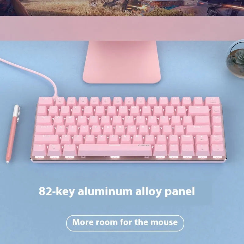 Pink mechanical gaming keyboard with 82 keys and white backlighting